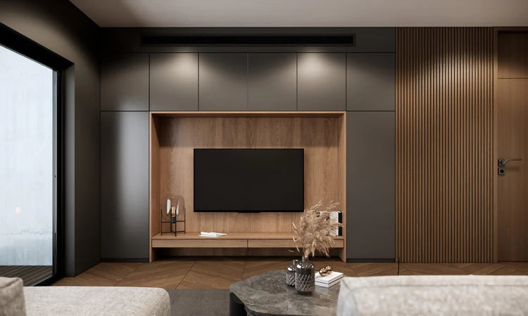 Wood slat wall panel in tv room