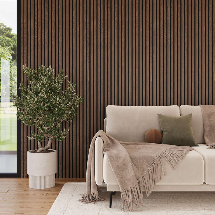 Smoked Oak Acoustic Slat Wood Wall Panels in living room