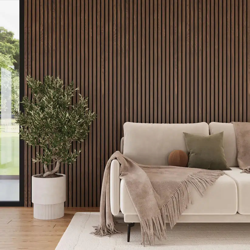 Smoked Oak Acoustic Slat Wood Wall Panels in living room