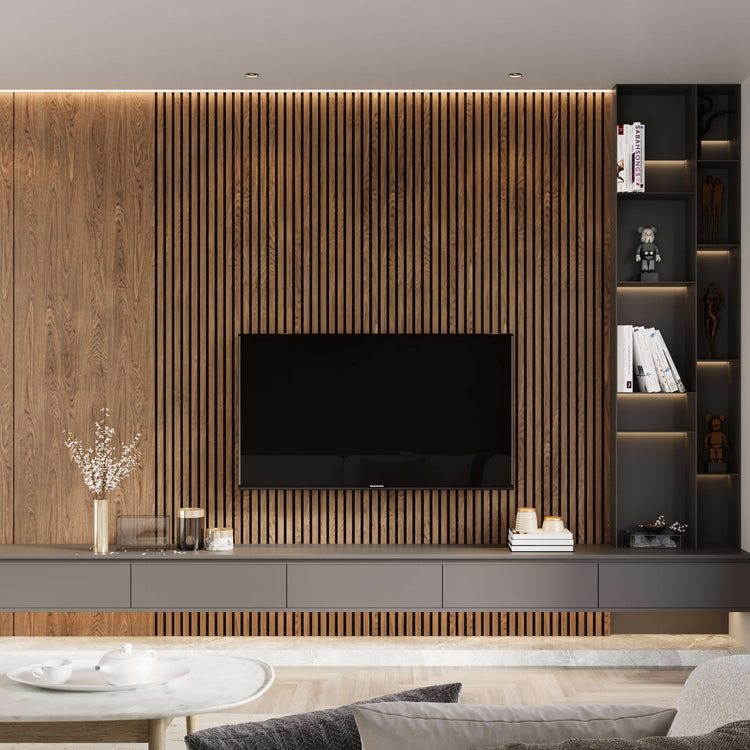 Smoked Oak Wood Wall Panels behind the TV