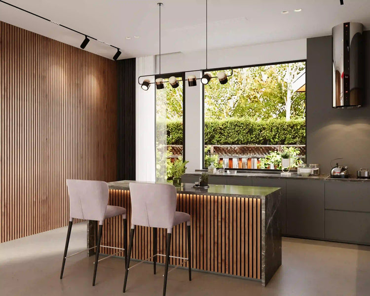 Walnut Acoustic Slat Wood Wall Panels in Kitchen