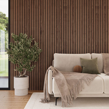 Walnut Wood Wall Panels behind the sofa